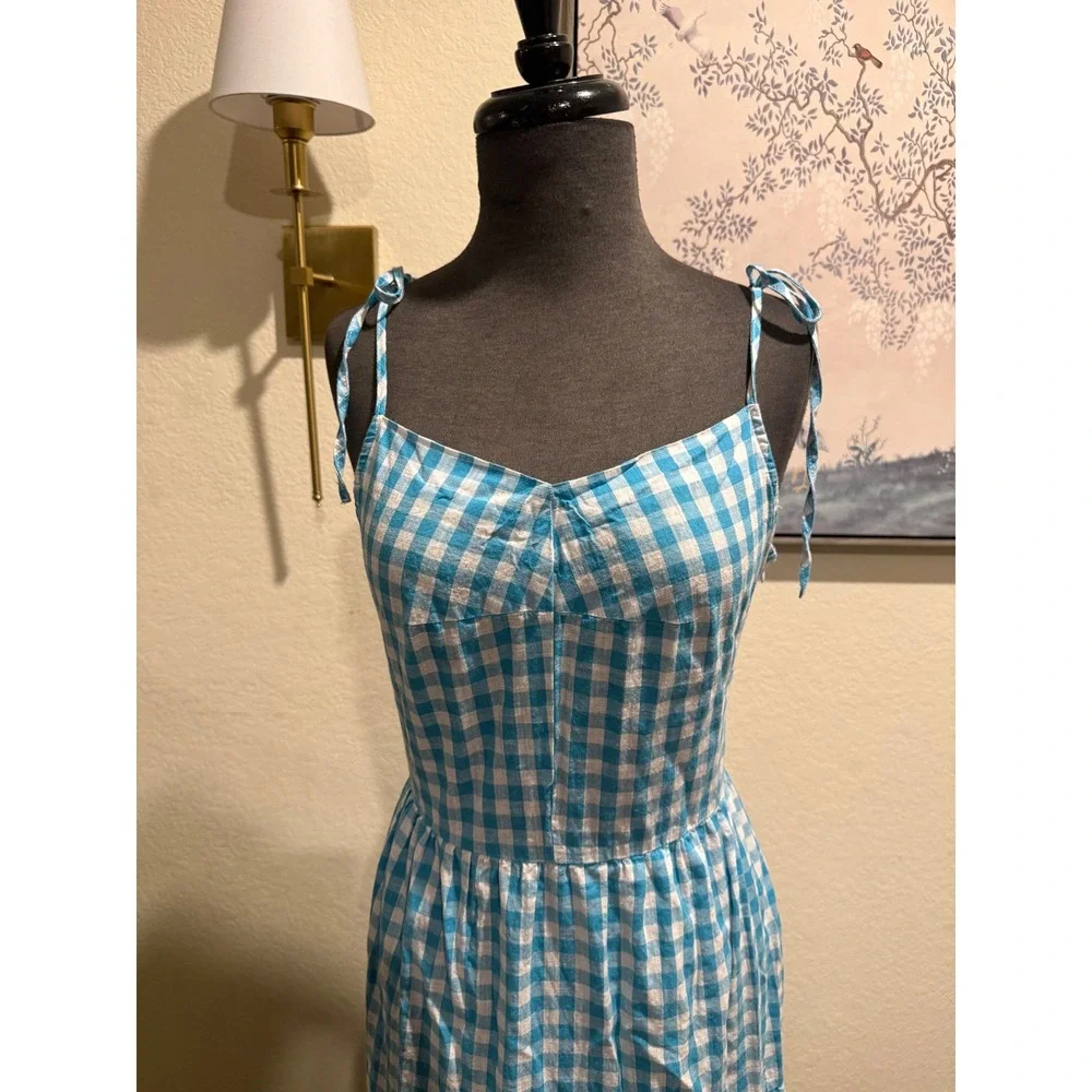 Everlynn Apparel Blue Gingham Tiered Midi Dress Tie Shoulder Womens Medium - Picture 2 of 5